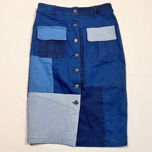 Gracia Skirt Blue Patchwork Denim Button Front Western Midi Women's Small